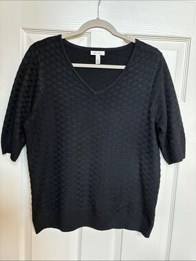 Ella Moss Black V-Neck Short-Sleeve Textured Sweater